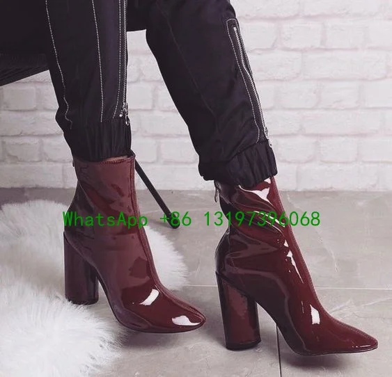 Lady Patent PU Leather Women Ankle Boots Thick Heel Pointed Toe Ladies Short Boots Brown Female Party Boots Large Size