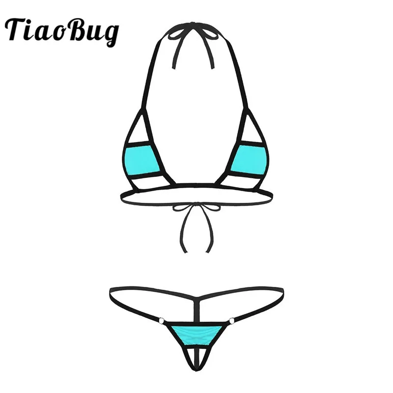 TiaoBug Women Bikini Set Lingerie Swimsuit Halter Mini Micro Bra with G-String Tanga Crotchless Panties Sexy Underwear Swimwear