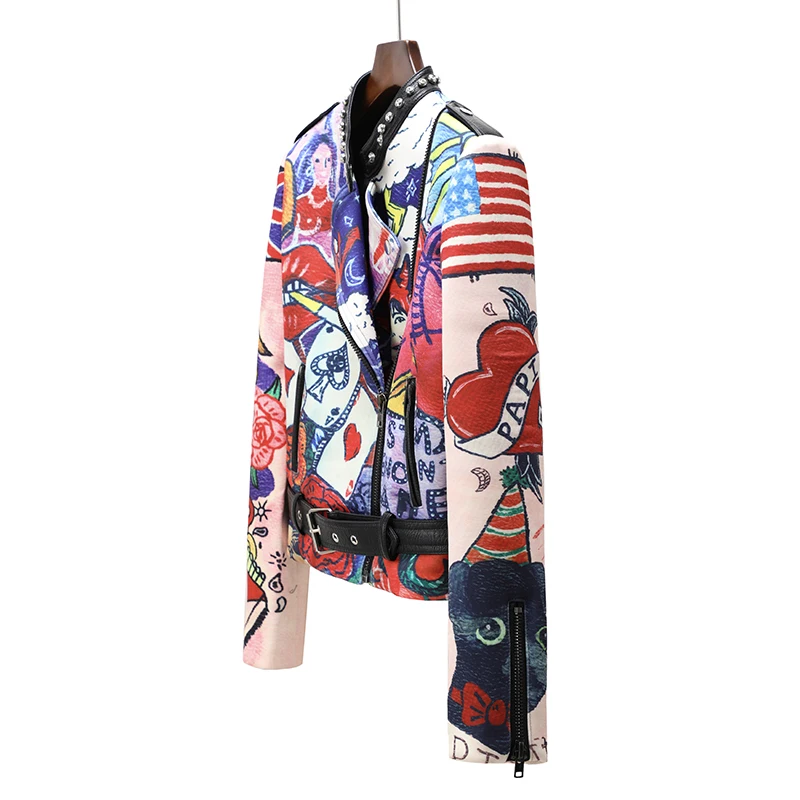 Jaqueta de couro PU para mulheres, casacos punk hipster, estilo moto, estamparia de rebites, nova, primavera e outono