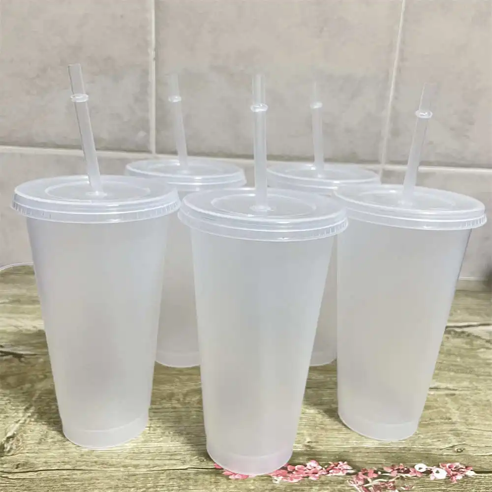 5pcs Straw Cup Tumbler with Lid Reusable Cup Plastic Transparent Water Cup with Straw Cold Cup Beverage Kitchen Accessory 700ml