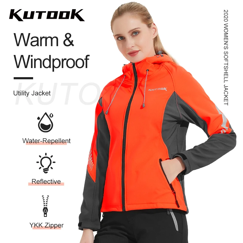 KUTOOK Windproof Thermal Fleece Softshell Jacket with Hood Waterproof Outdoor Sport Hiking Running Coat for Women Sportswear