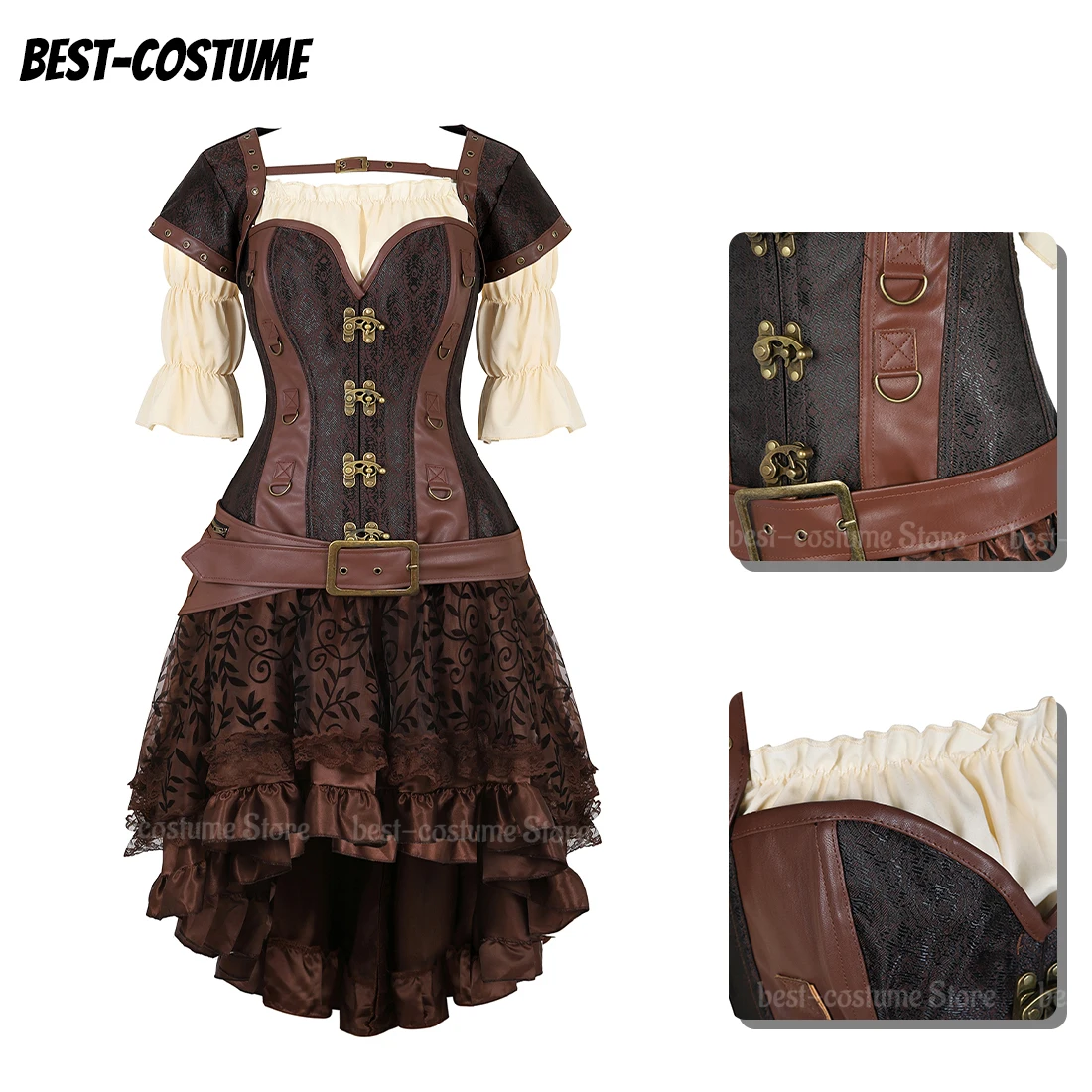 

Steampunk Corset Bustier Women Sexy Gothic Corsets with Skirt Sets Burlesque Costume Pirate Corset Brown