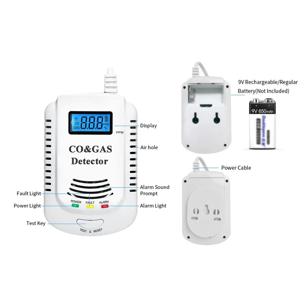 2 In 1 Propane Butane CO Sensor AC90V-240V EU Plug DC9V Battery Powered Combustible Gas Detector Fire Alarm LED Flash 85dB Sound