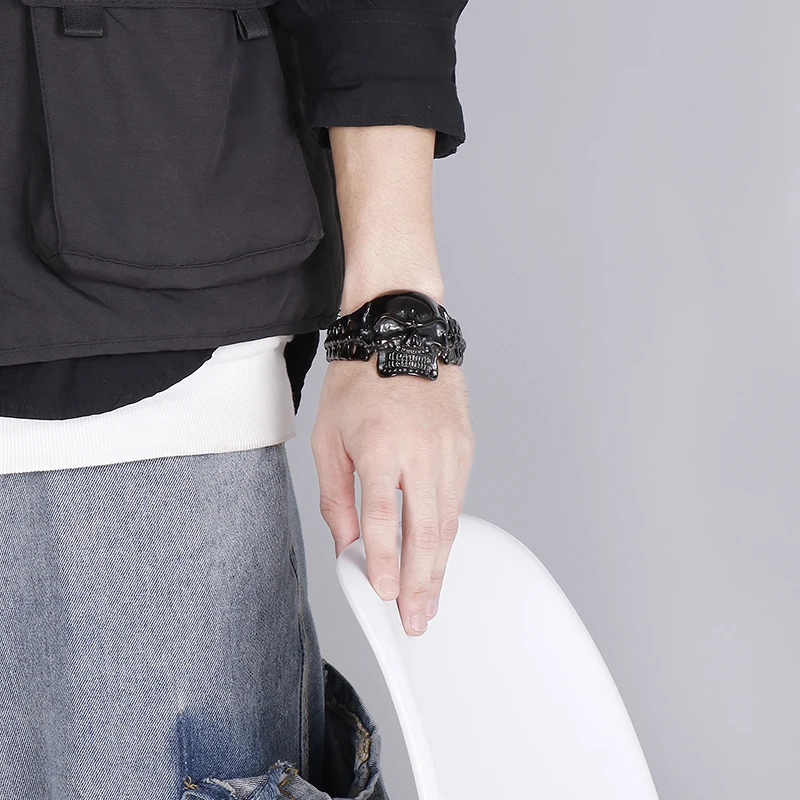 Mens Black Cuff Bangle Casting Skeleton Bracelet Stainless Steel Large Heavy 98g Jewelry