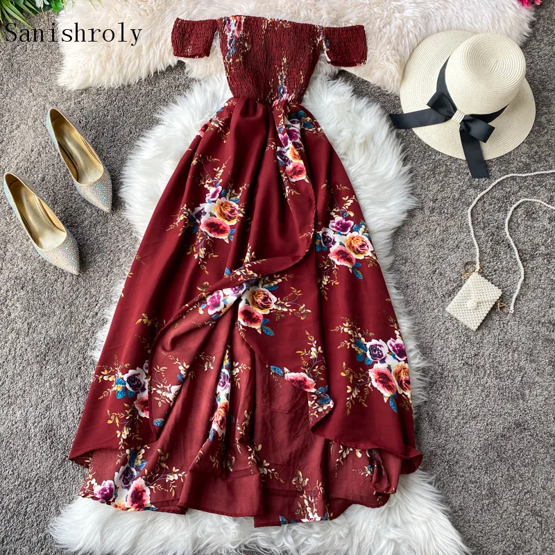Summer Slash Neck Strapless Irregular Bohemian Dress Female Long Split Floral Print Dresses Women Holiday Beach Dresses Vestidos