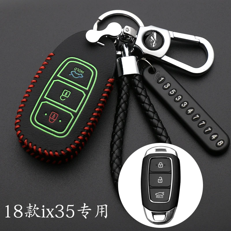 Leather Car Key Case For Hyundai Elantra GT Kona 2018 2019 Santa Fe Veloster Smart Remote Fob Cover Protector Keys Bag