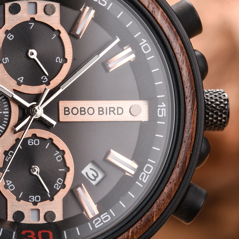 Men\'s Watch BOBO BIRD Top Fashion Wooden Military Watches Chronograph Date Shows Luminous Needles Great Gift relogio masculino