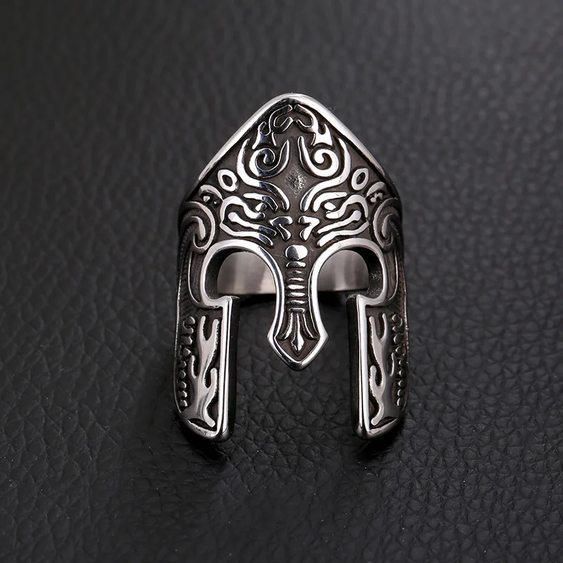 New Retro Spartan Warrior Helmet Ring Viking Rune Men\'s Ring Fashion Metal Celtic Jewelry Accessories Party Gift Size 8-11