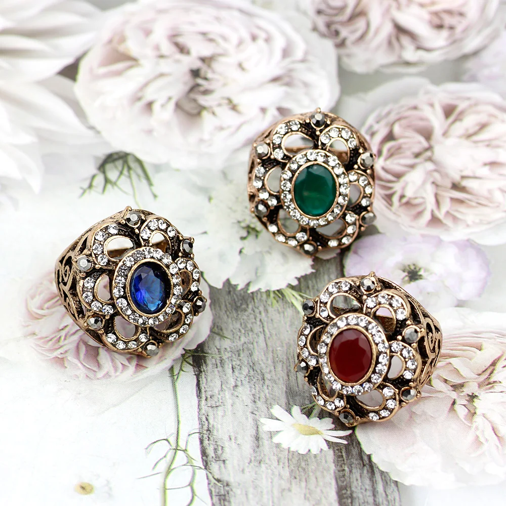 Retro Vintage Gray Crystal Ring Female Ethnic Party Jewelry Turkish Antique Gold Color Elegant Banquet Flower Ring