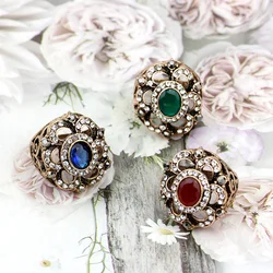 Retro Vintage Gray Crystal Ring Female Ethnic Party Jewelry Turkish Antique Gold Color Elegant Banquet Flower Ring