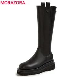 MORAZORA Size 34-43 New Genuine Leather Boots Women Chunky Platform Knee High Boots Female Winter Motorcycle Boots Zip Shoes