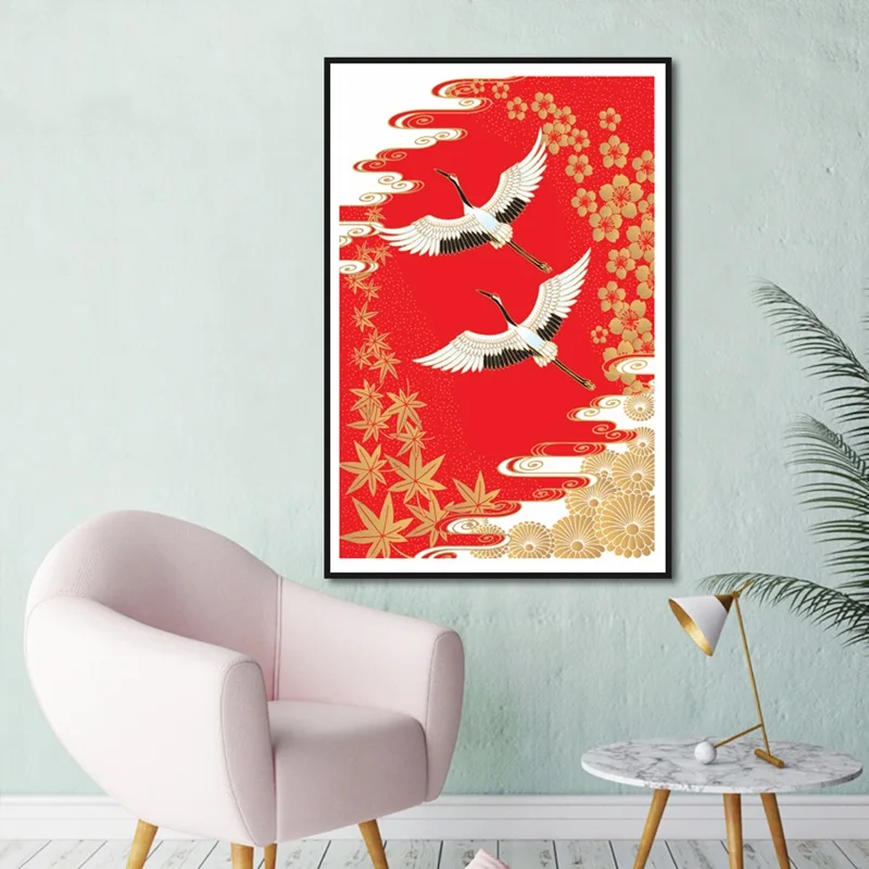 New Chinese Style Landscape Abstract Crane White Cloud Porch Red Bottom Canvas wall Painting Art Decorative Painting