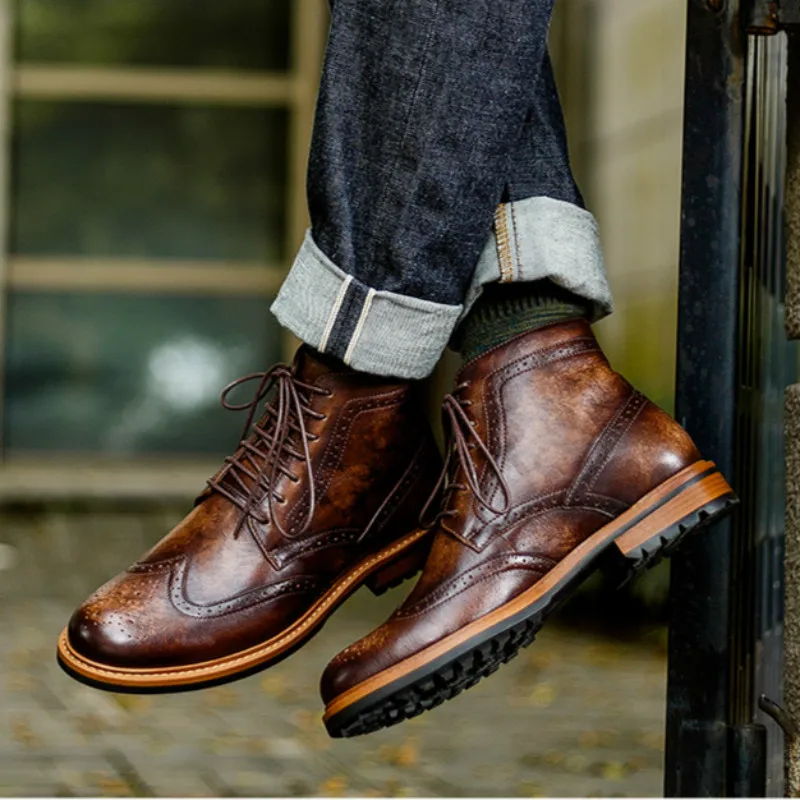 2024 Vintage Men Chelsea Boots Luxury Genuine Leather Handmade Brogue Shoes Fashion High Quality Lace up Leisure Casual Botas