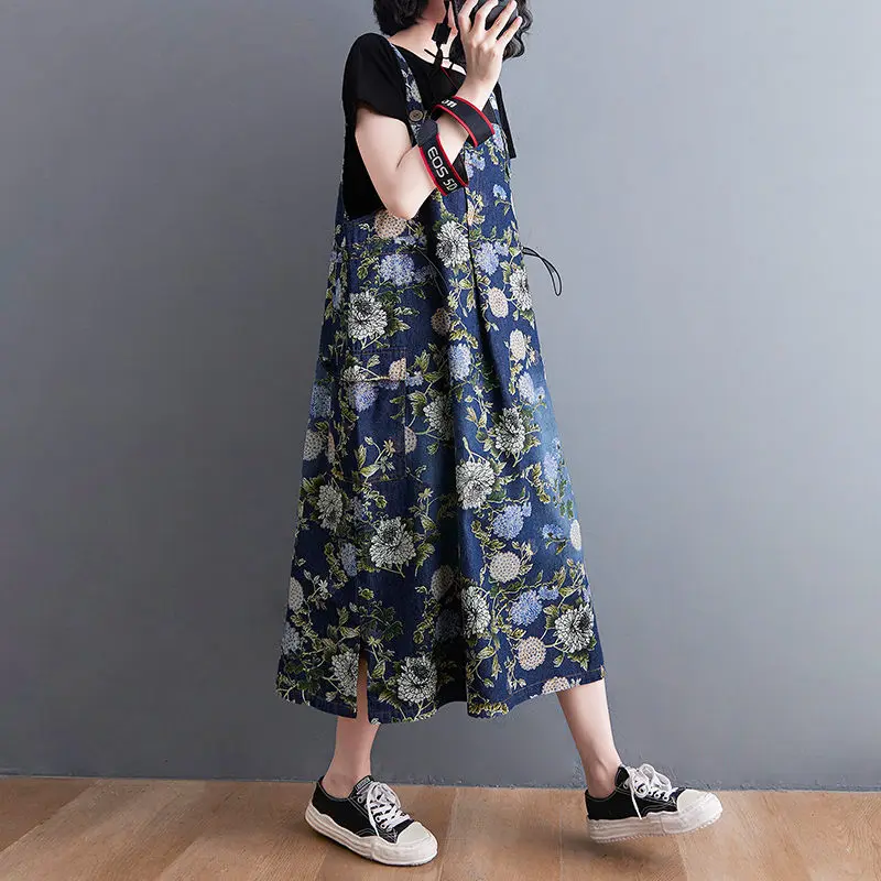 Denim Print Suspender Dress Female Summer 2021 New Retro Large Size Split Dress Trendy Vintage Flower Jeans Sundress Women zh721