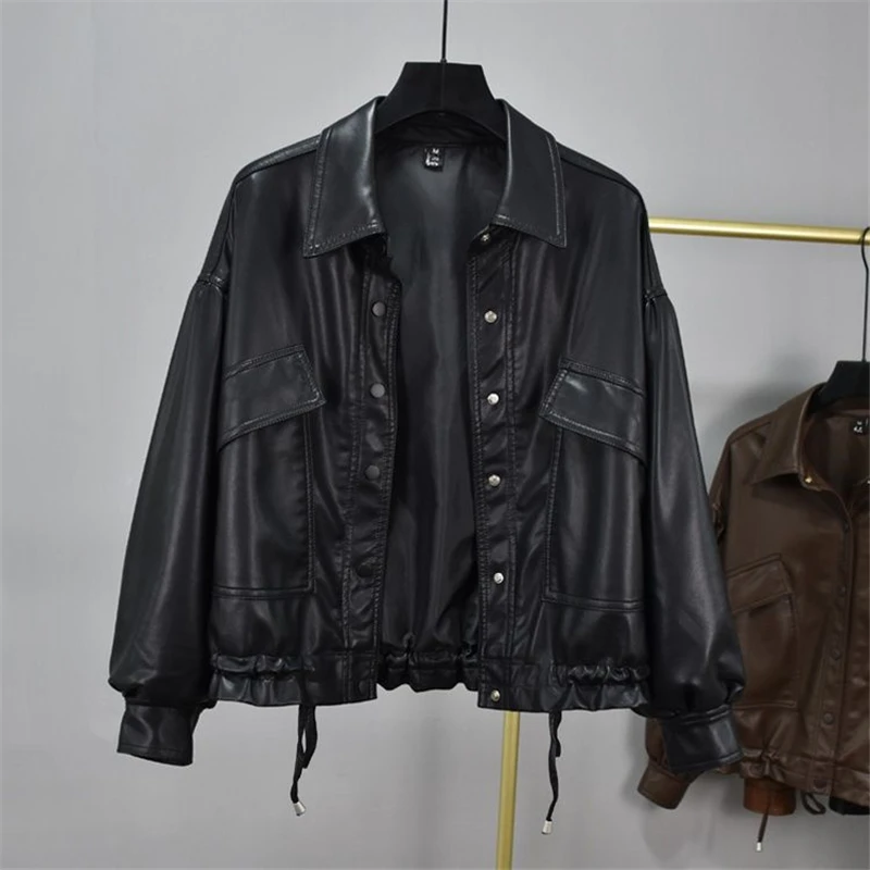 New Spring Women Faux Leather Jacket Biker Coat Turndown Collar PU Motorcycle Jackets Loose Streetwear Ogirl uterwear Autumn