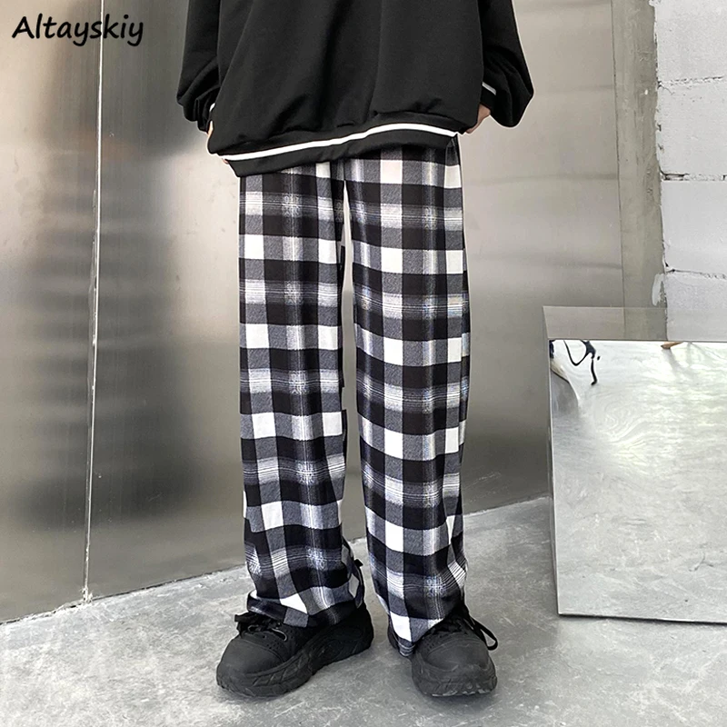 Plaid Pants Women Ins Unisex Chic Summer Wide-leg Teens Streetwear Friend Trouser BF Couple All-match Harajuku Ladies Clothing