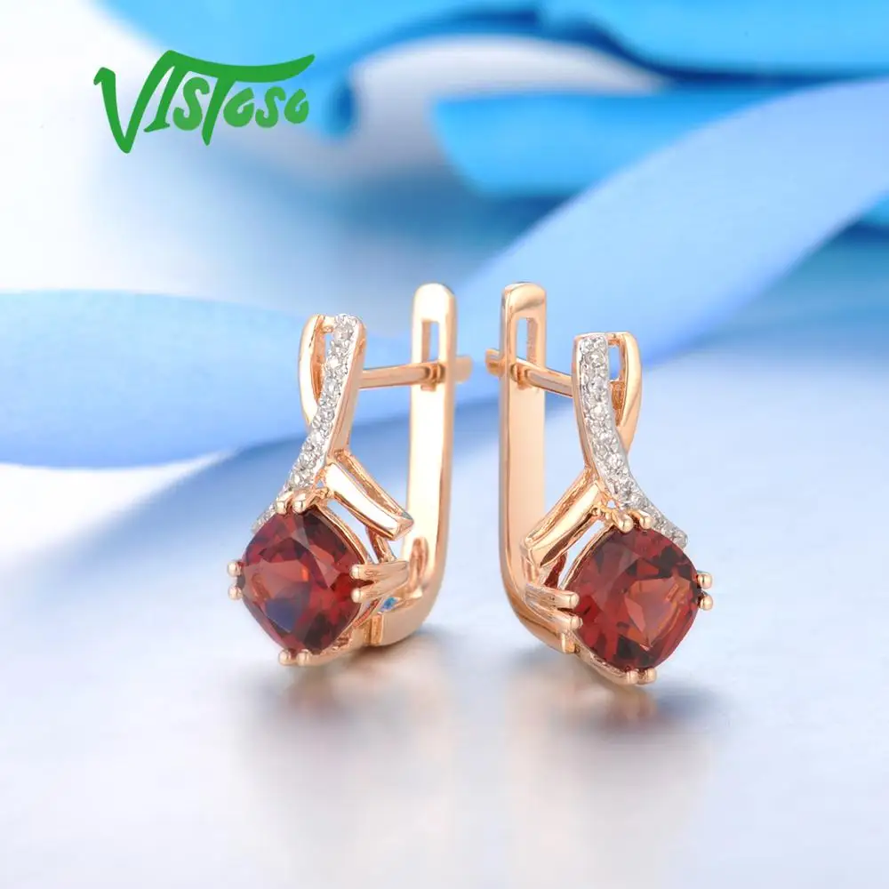 VISTOSO Gold Earring For Women Genuine 14K 585 Rose Gold Radiant Garnet Sparkling Diamond Earring Engagement  Wedding Jewelry