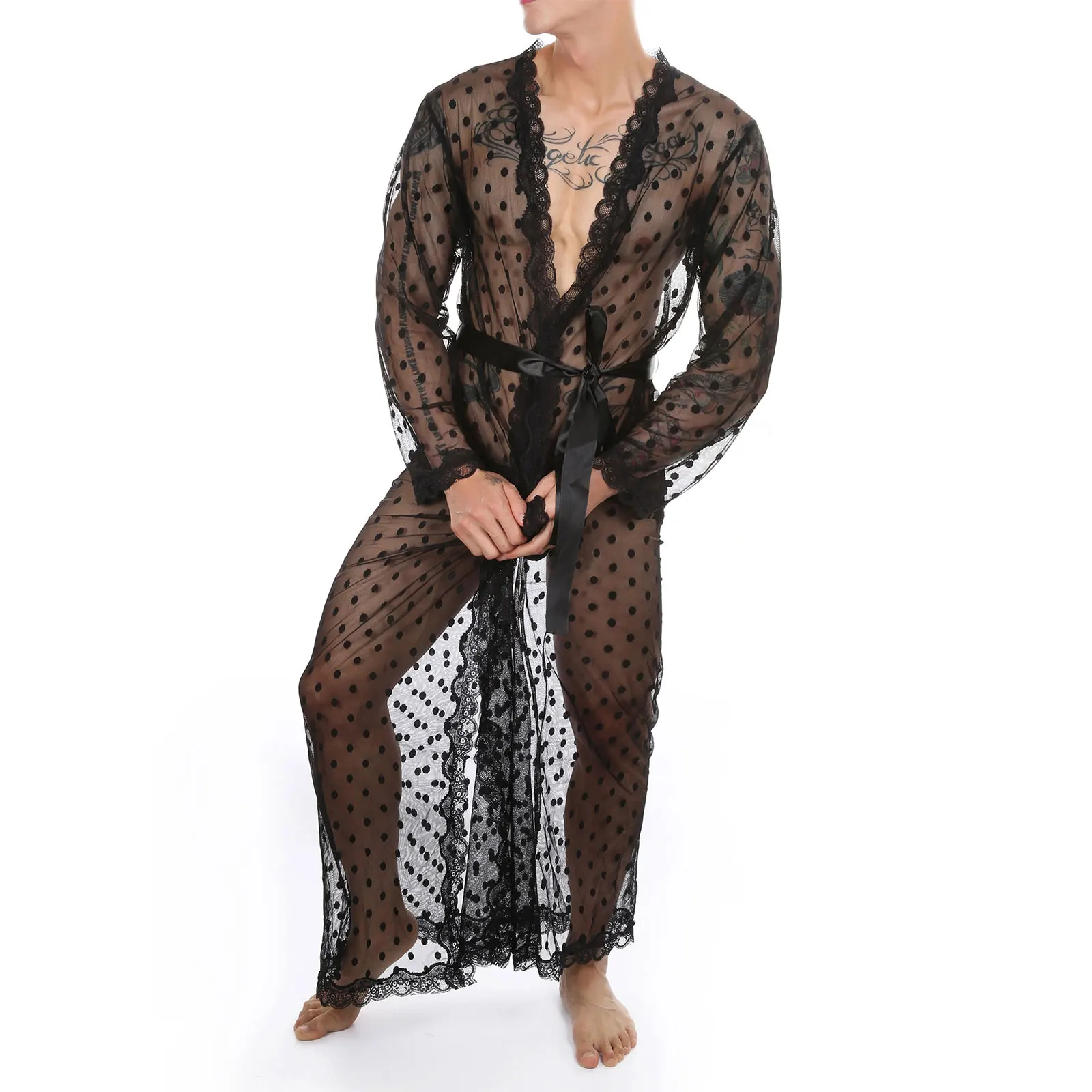 Set Pakaian Tidur Pria Lingerie Pola Titik Hitam Seksi Tembus Pandang Jala Tipis Jubah Mandi Trim Renda Bersabuk dengan Celana Dalam G-string Berenda