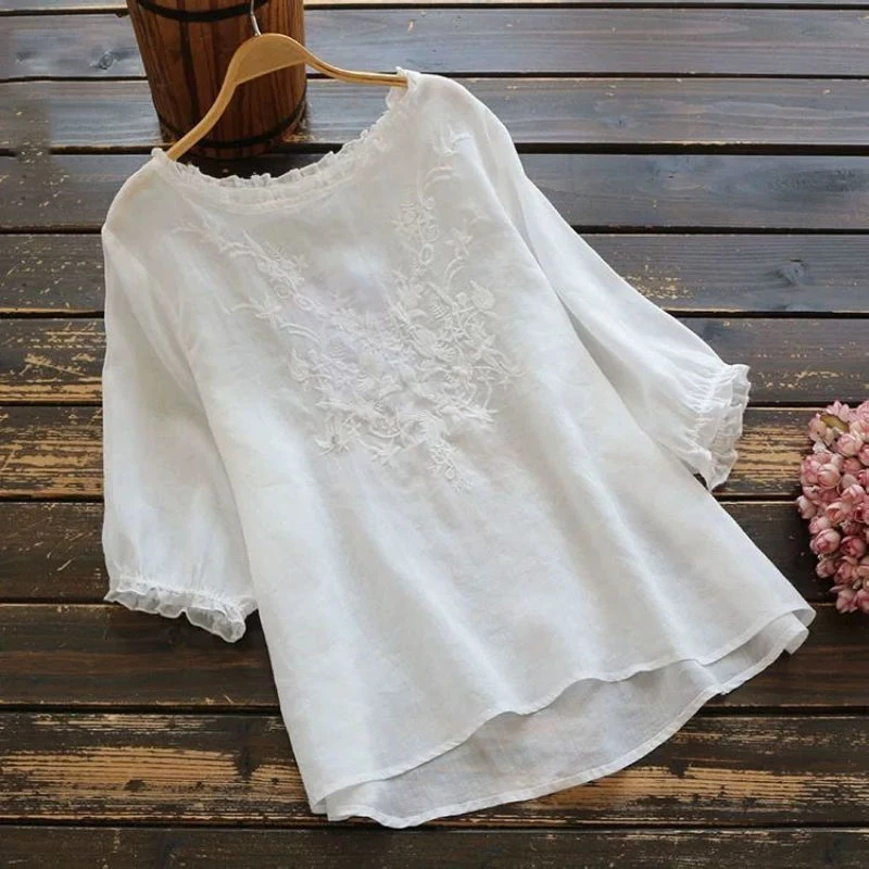 Cotton Linen Summer Top Plus size Shirt Elegant Female Blouse Women Ruffle Ladies Embroidered Tees Clothes Loose Casual