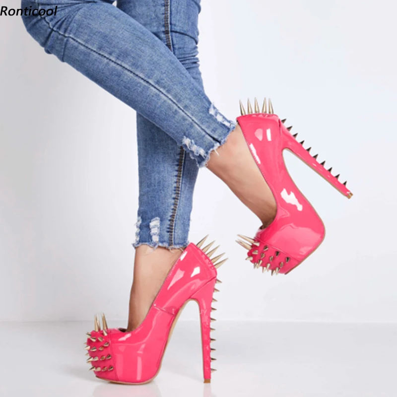 

Ronticool Women Catwalk Pumps Super Sexy Rivets Stiletto Heels Round Toe Pink Fuchsia Night Club Shoes Women US Plus Size 5-13