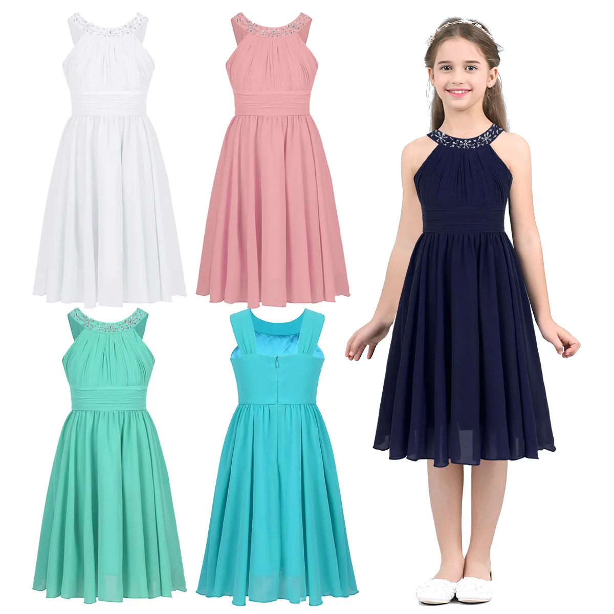 Kid Girls Sleeveless Shaped Rhinestone Chiffon Dress Pageant Princess Tulle Dress for Wedding Birthday Party Summer Prom Clothes