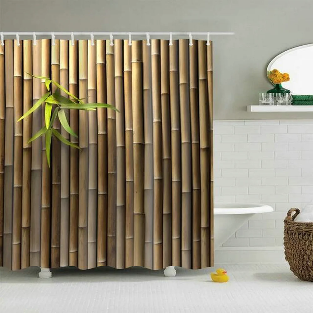 Green Plant Bamboo Shower Curtain White Flowers Leaves Scenery Simple Home Decor Waterproof Fabric Bathroom Curtains With Hooks