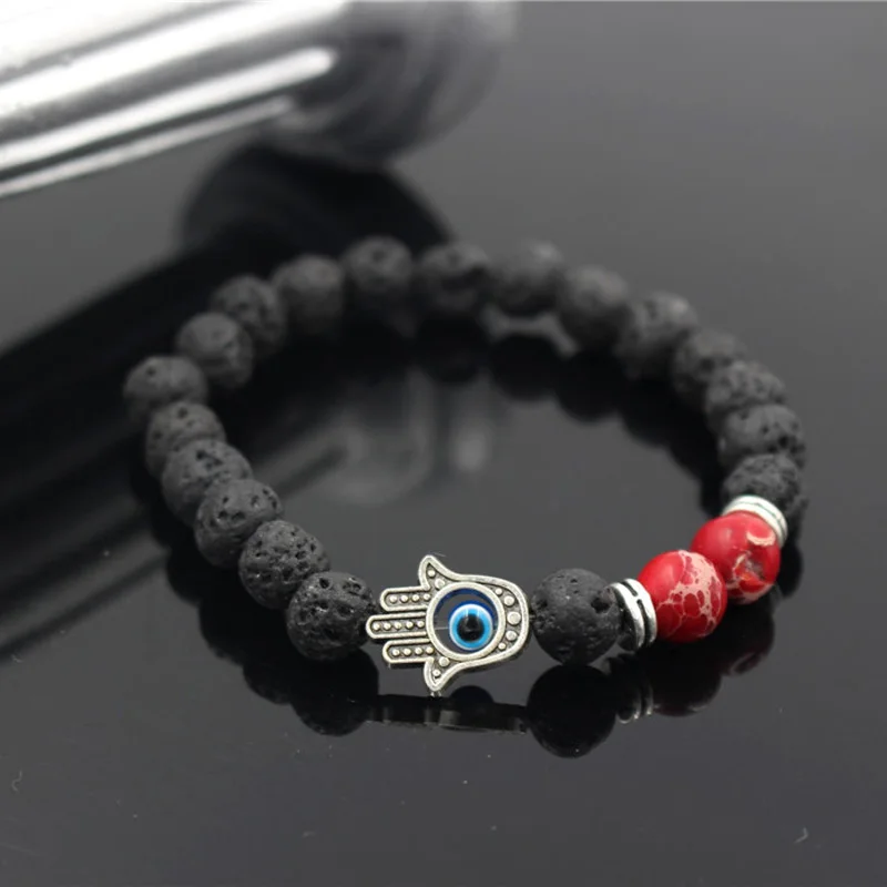 Natural Lava Stone Beads Bracelet Hand of Fatima Hamsa Charm Bracelets Elastic Evil Eye Amulet Beads Men Women Bracelet