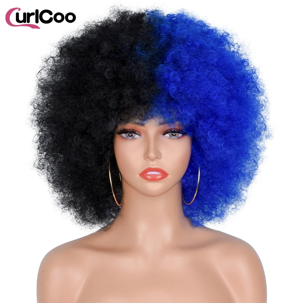 Afro Kinky Curly Wigs With Bangs For Women Short Synthetic Hair Wigs Omber Blue blackpink Cosplay Wig High Temperature