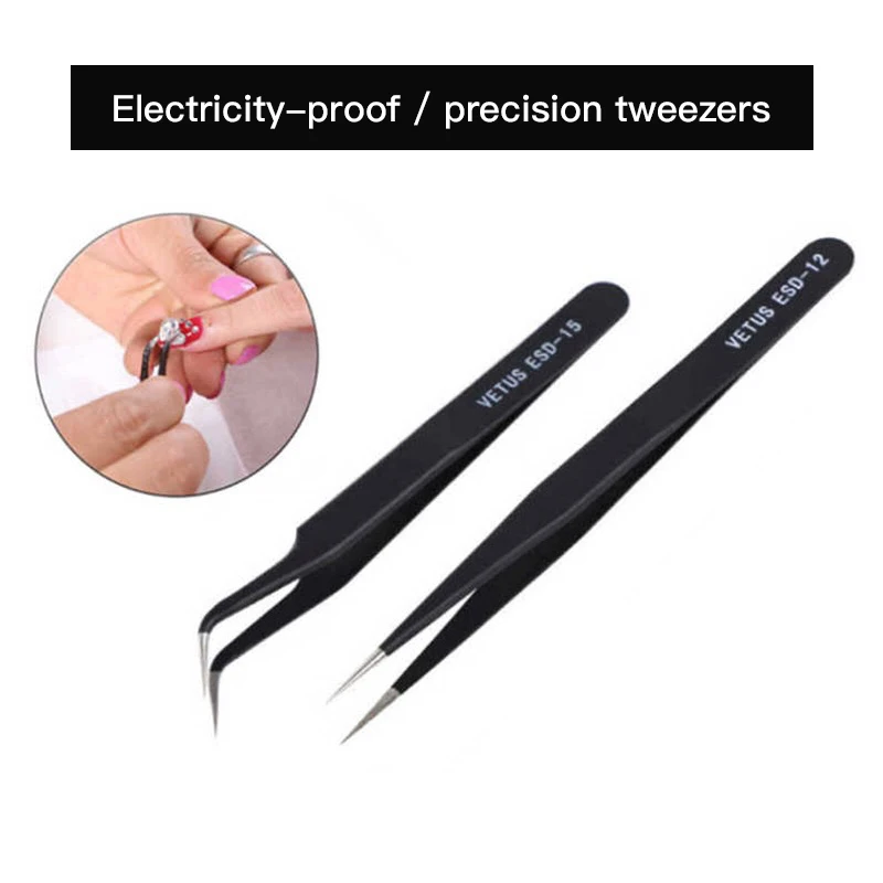 Juego de Pinzas de precisión antiestáticas, herramientas electrónicas de reparación, acero inoxidable, ESD, 2 uds.
