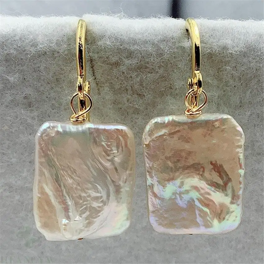 

White Square Baroque Pearl Earrings 18k Ear Drop Hook Party Gift Irregular Aurora Dangle AAA Real Natural Mesmerizing