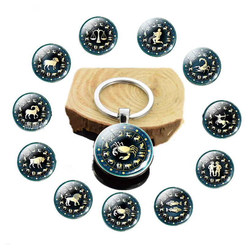 Double Faces 12 Constellation Zodiac Sign Keychain Glass Cabochon Key Ring Jewelry Cancer Taurus Key Chain Women Birthday Gifts