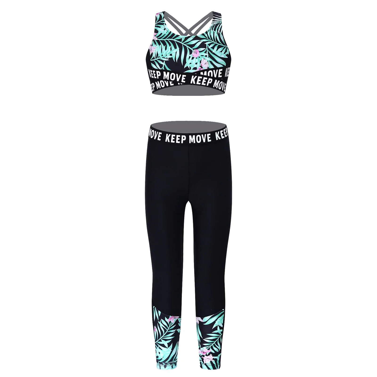 Kids Girls Summer Sport Clothes Floral Print Racer Back Top Pants Set Tracksuits Suit Seamless Workout Fitness Gymnastics Outfit