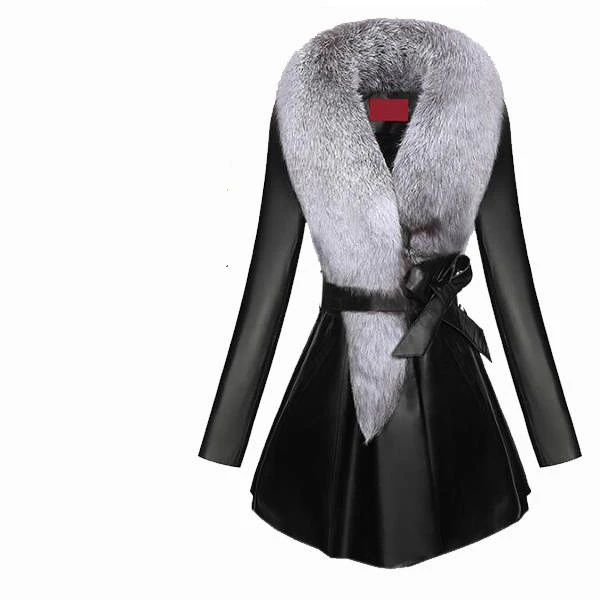 Fashion Real Sheepskin trench outwear Wash-Free Imitation Rabbit Fur Glossy PU woman Leather Coat Long