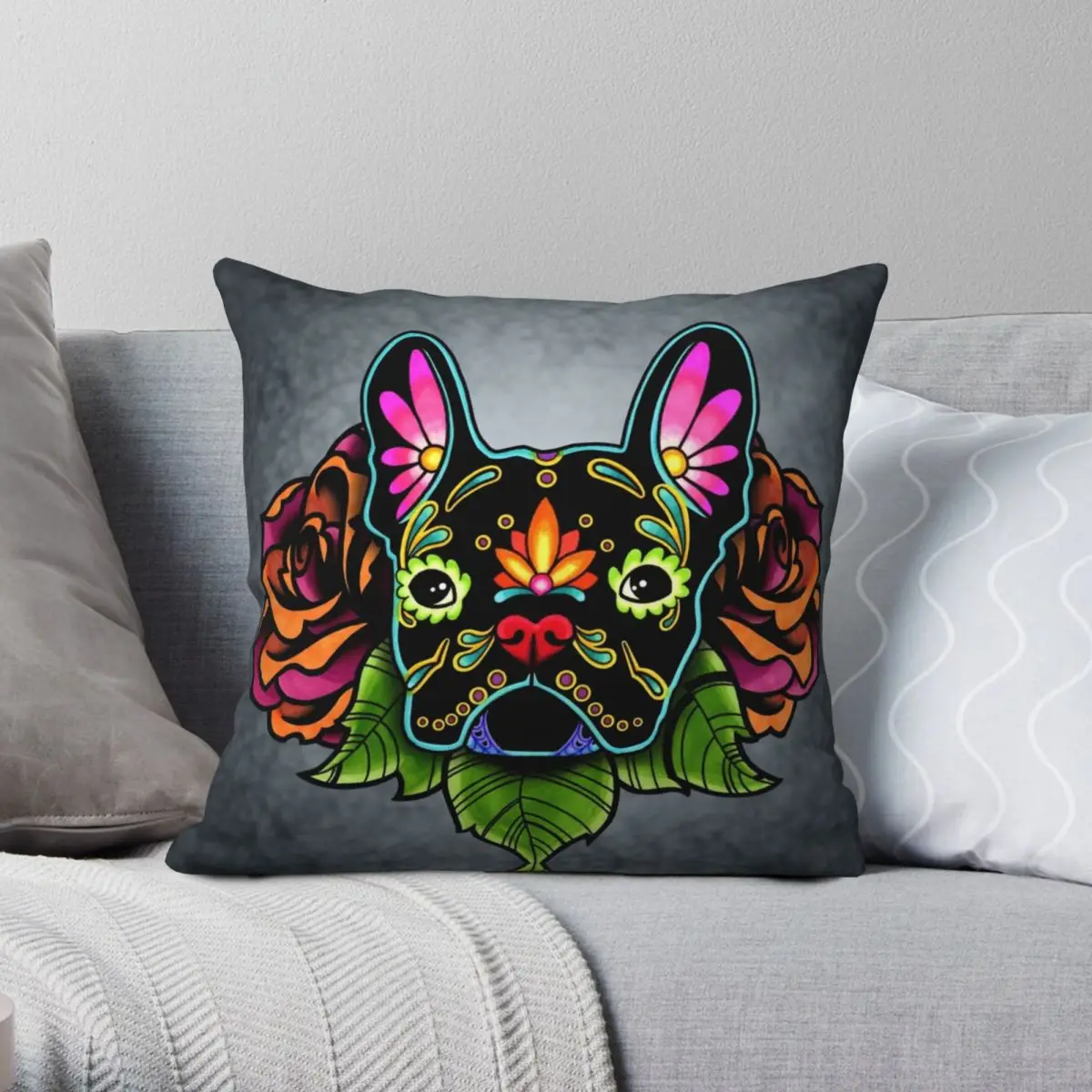 

Day Of The Dead French Bulldog Square Pillowcase Polyester Linen Velvet Zip Decor Pillow Case Sofa Seater Cushion Cover 45x45