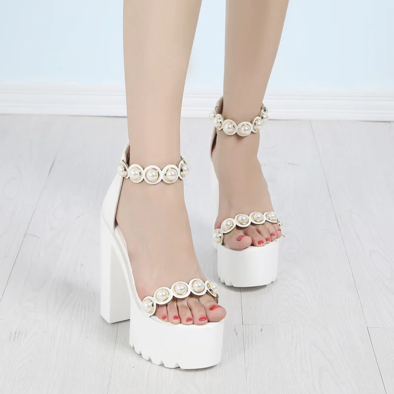 STAN SHARK Summer Thick Waterproof Platform 14CM Heel High Pearl Sandals High-heeled Thick-bottomed Toe Sandals