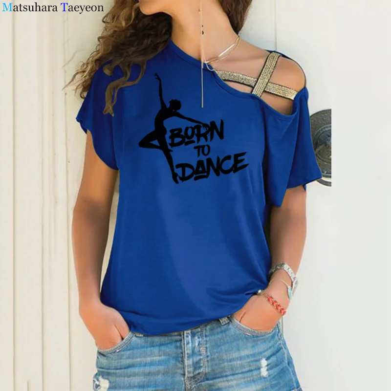 Modny nadruk damski T-shirt, który narodził się do tańca balet letni Harajuku graficzny T-shirt nieregularne skośne krzyżowe wiązanie Tee — zdjęcie 4