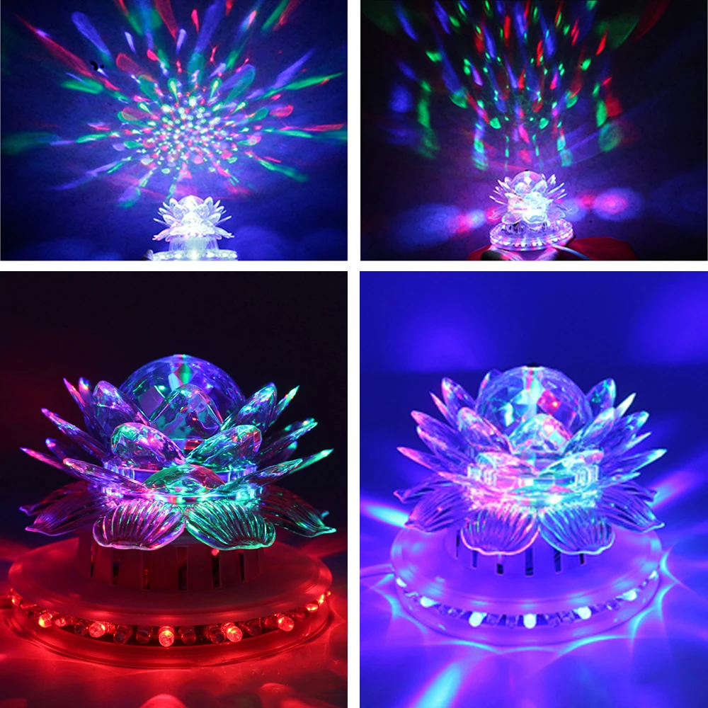 RGB Automatic Rotation LED Lotus Magic Ball Light Sound Actived Disco Stage Lamp for Christmas Wedding Home Party KTV Show Decor