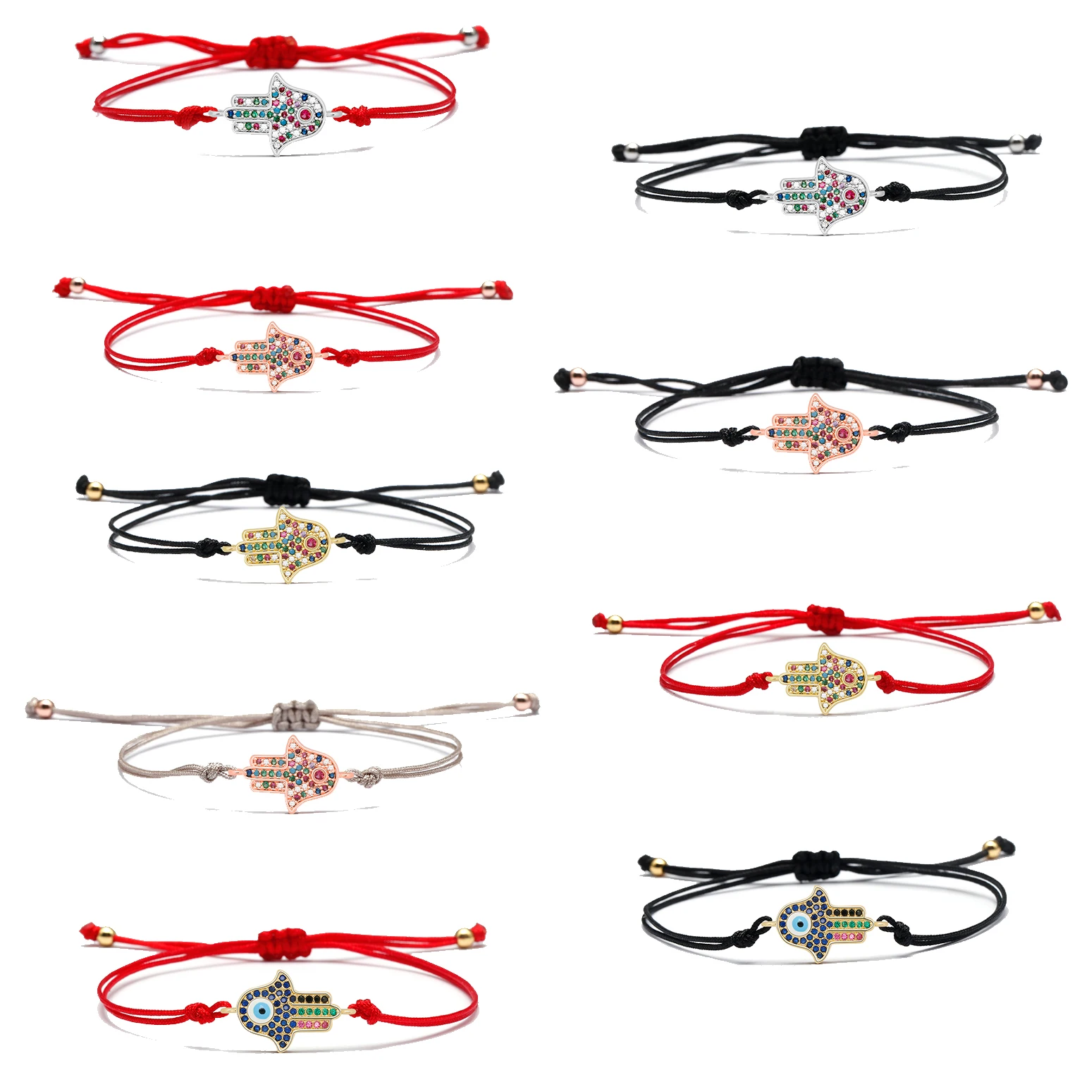Zirconia Fatima Hand Braided Bangle Hamsa Blue Evil Eye Pendant Bracelet Adjustable Lucky Red & Black Rope Chain Jewelry Present
