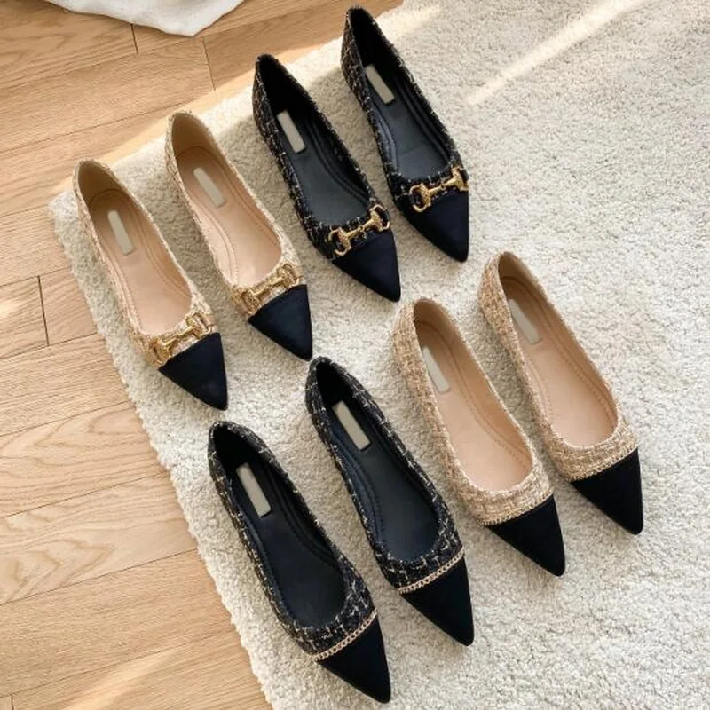 Spring Autumn Korean Version Woolen cloth Pointed Flat Mouth Flat Shoes Women Low Heel Black Single Shoe Women Plus Size 46