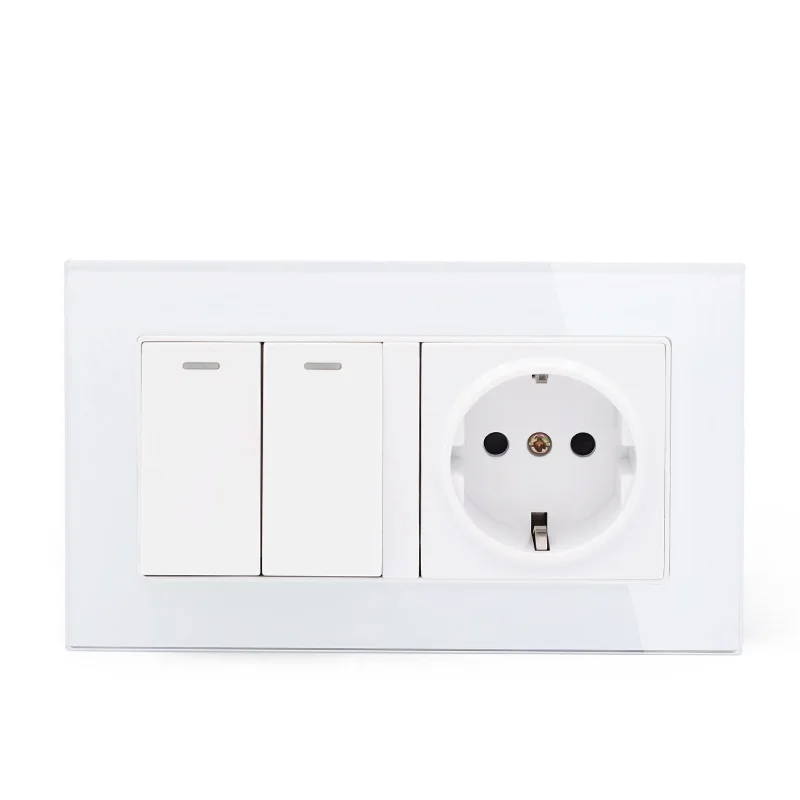 

EU 146 German wall socket European socket 2 gang 2 way switch Toughened glass panel white