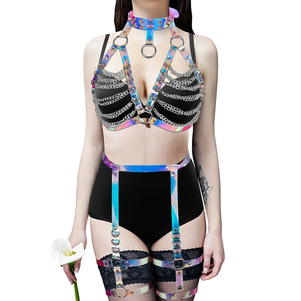 

Sexy Lingerie Suspenders Belts Set Punk Bondage PU Leather Straps Gothic Clothes Laser Women Harness Bra Full Body Harness Belt