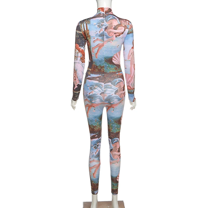 Aesthetic Printed Fitness Women Long Jumpsuits Autumn Fashion Long Sleeve Vintage One Piece Bodycon Overalls Sporty Hot