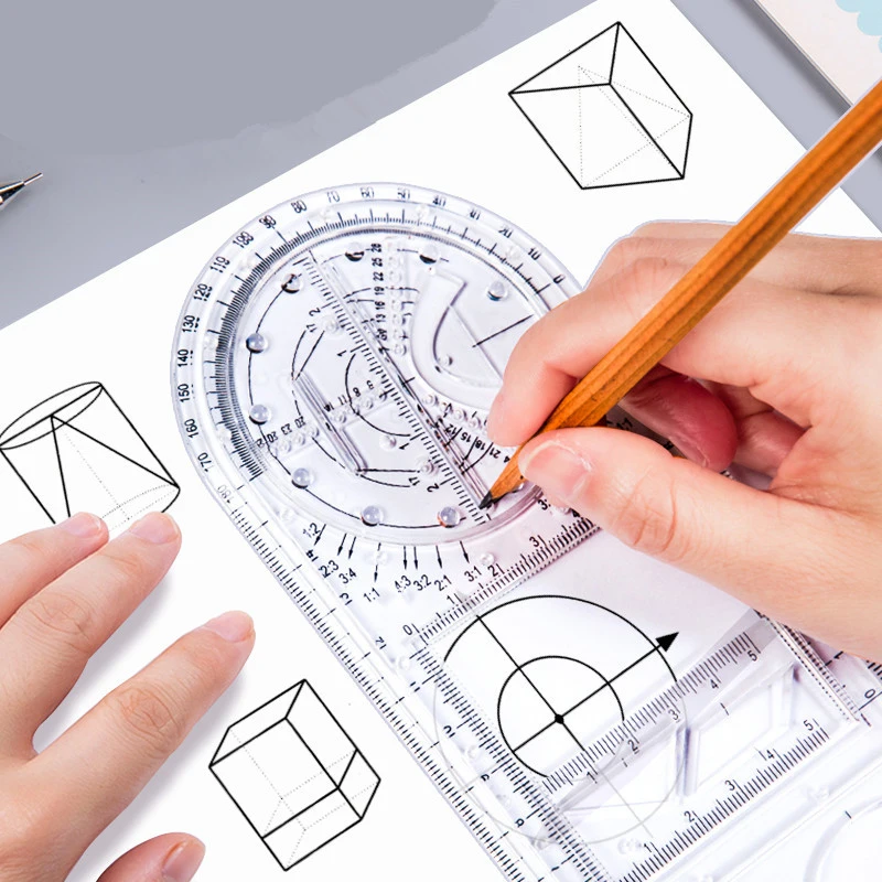 مسطرة هندسية متعددة الوظائف قالب رسم هندسي أدوات قياس للمدرسة اللوازم المكتبية رسم مسطرة قياس
