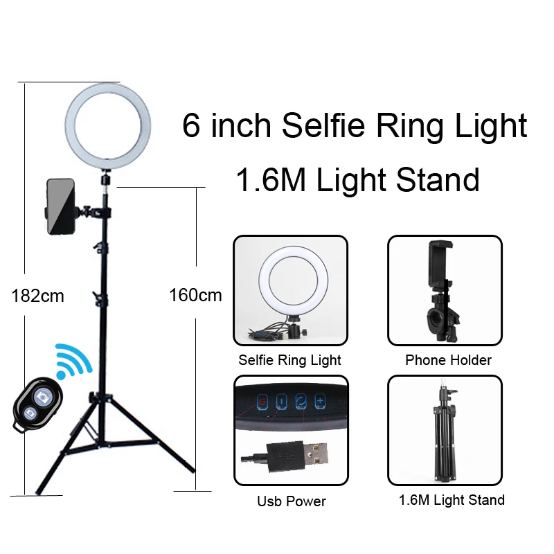 Beauty dimmable LED selfie ring light USB plug with different specifications of tripod,suitable for selfie and live broadcast