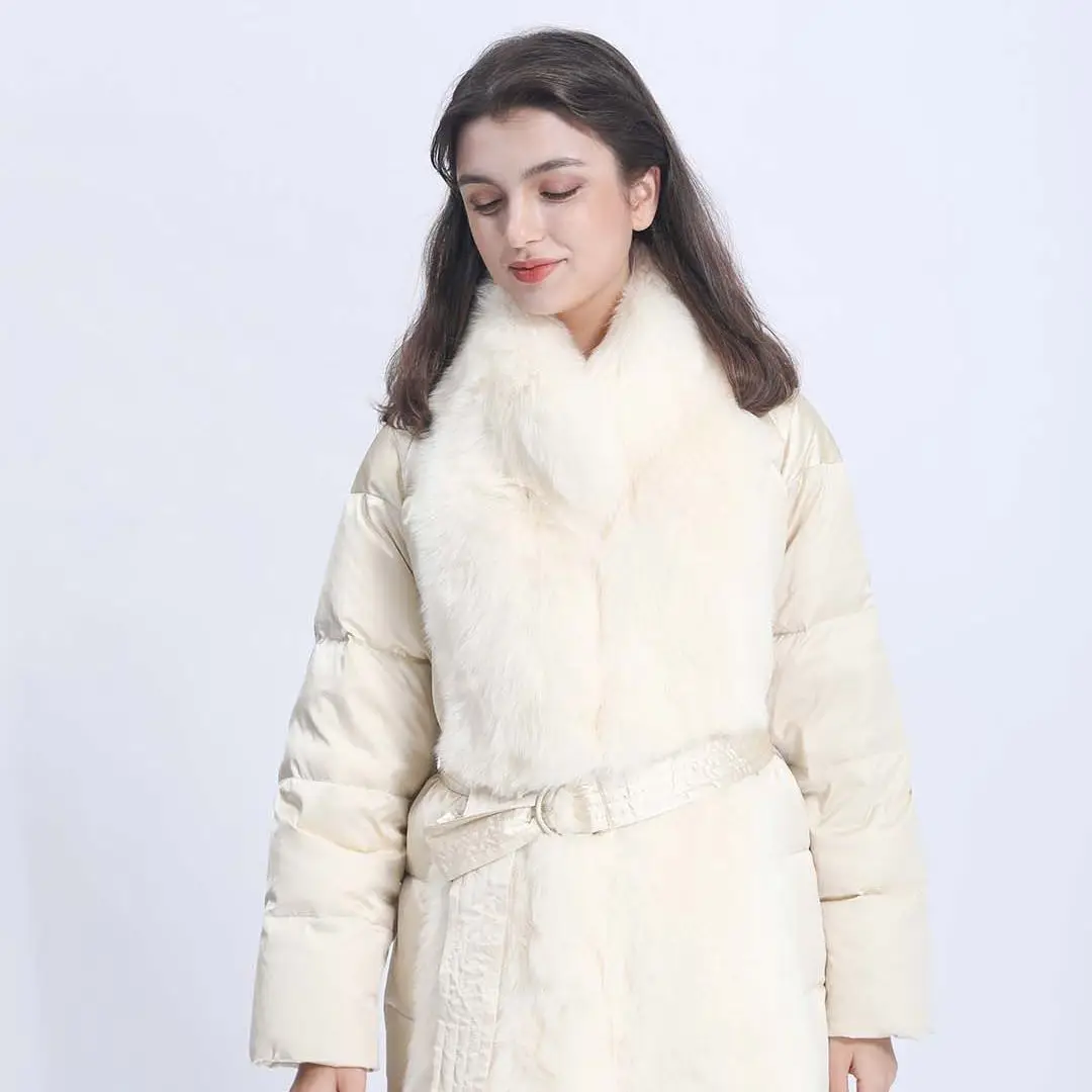 Ladies Fashionable Down Coat Goose Feather Padded Warm Long Stand Collar Fur Trim Detachable Winter Women Clothing