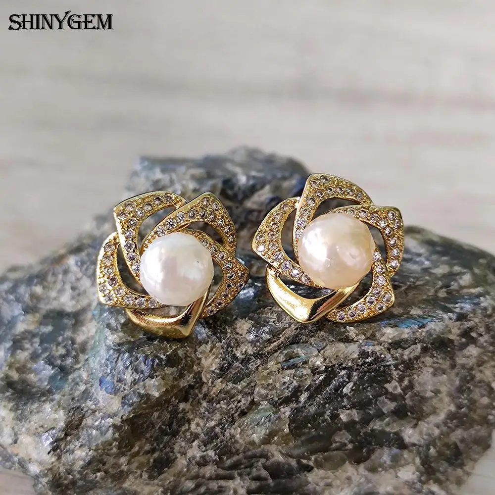 ShinyGem Natural Baroque Pearl Earrings For Womens  Hand Cut Craft RoundBeads  Fashion Jewelry Party Luxury Accessories Earring