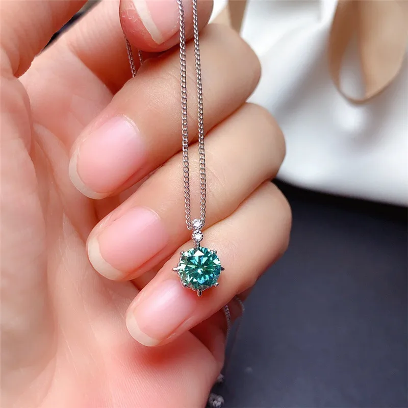 LeeChee Blue Green Moissanite Pendant 1CT 6.5MM VVS Lab Diamone With Certificate Engagement Necklace Real 925 Sterling Silver