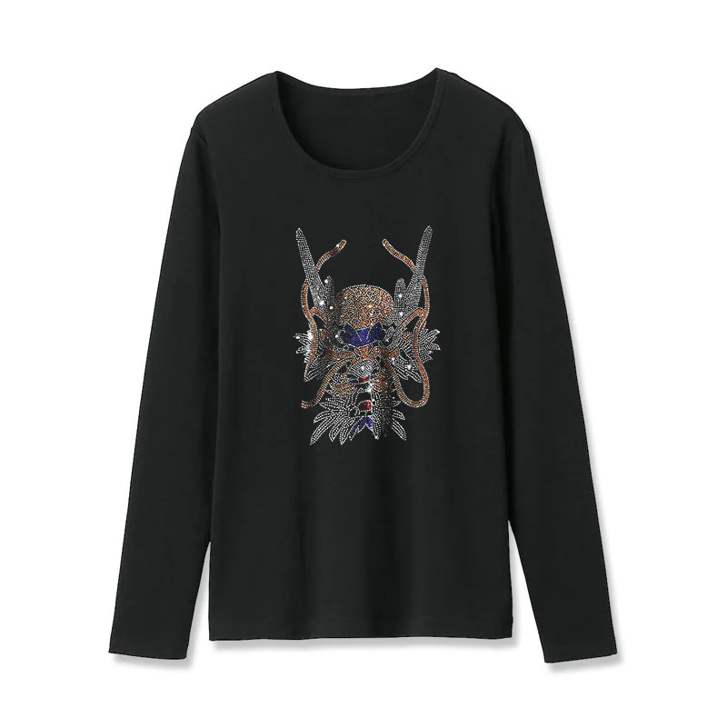 

Spring Autumn New Fashion Street Style Black Long sleeve T-shirt women China Dragon with Hot diamonds Loose Casual tops female