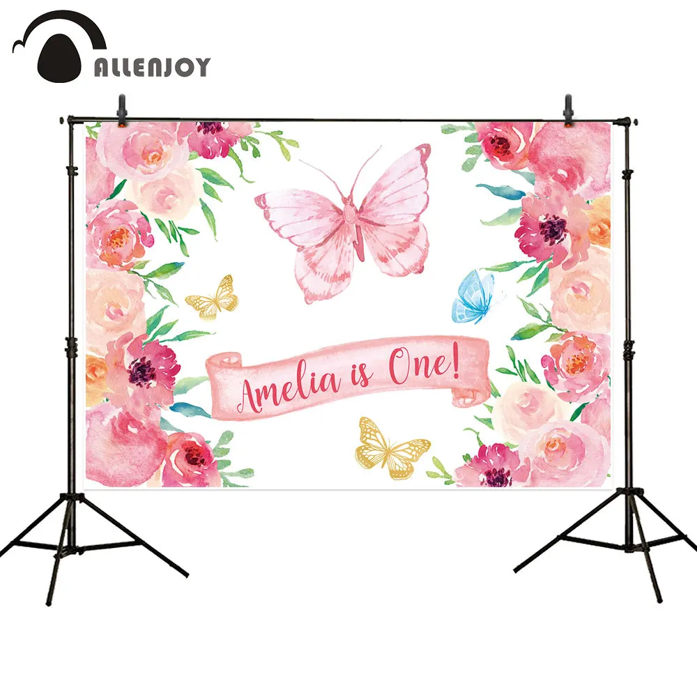 Allenjoy Girl Happy Birthday pastel photo zone pink butterfly flowers decor banner curtains celebrate Child party photophone