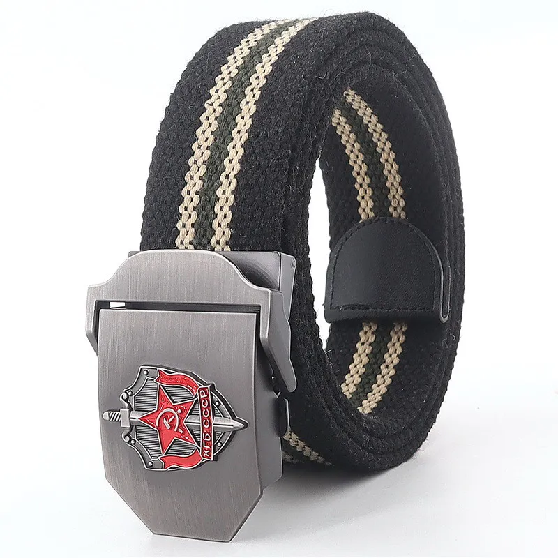 Mens Belts Metal Slide Buckle Waist Strap Canvas Breathable Jeans Accessories CCCP Soviet KGB Memorial Badge Leisure Cinto